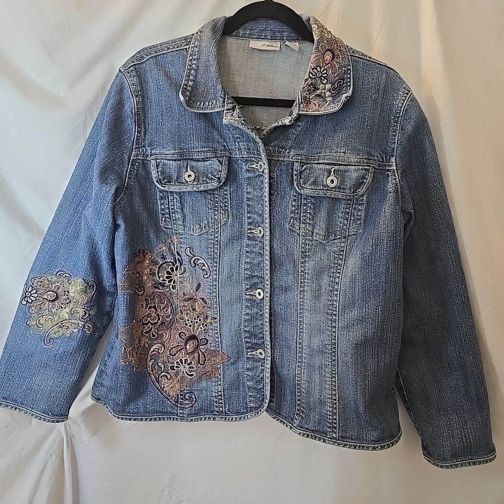Vintage Chico's Platinum Denim Jean Jacket Floral Embroidered‎ Sequins Lace Sz 2